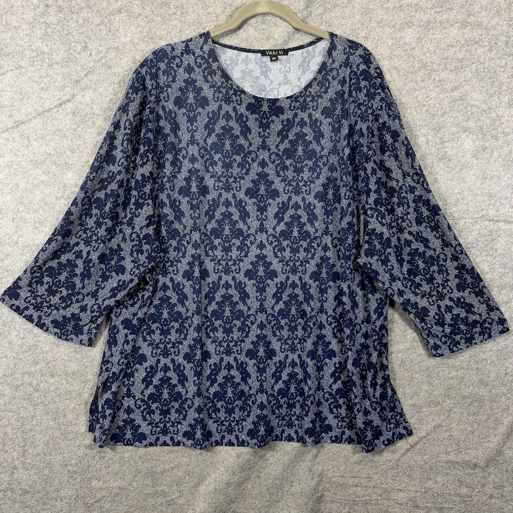 Vikki Vi Tunic Blouse Womens 3X Blue Damask Print Slinky Stretch Classic